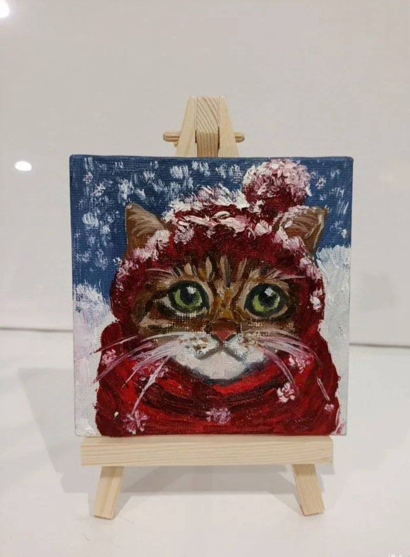 Cute Cat Painting Original Art Impasto Oil Painting Canvas Painting - 海報/掛畫/掛布 - 棉．麻 紅色