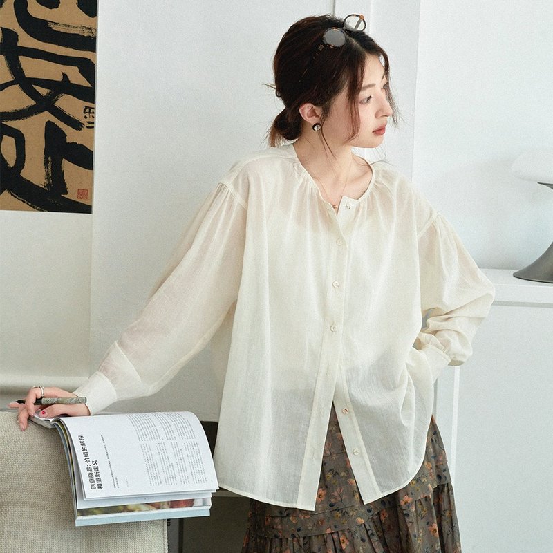 米色廓形襯衫|襯衫|夏秋款|Sora-1574 - 女襯衫 - 棉．麻 