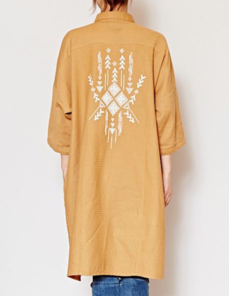 [Pre-order] ✱ geometric embroidery Long Shirt ✱ (tricolor) - Women's Shirts - Cotton & Hemp Multicolor