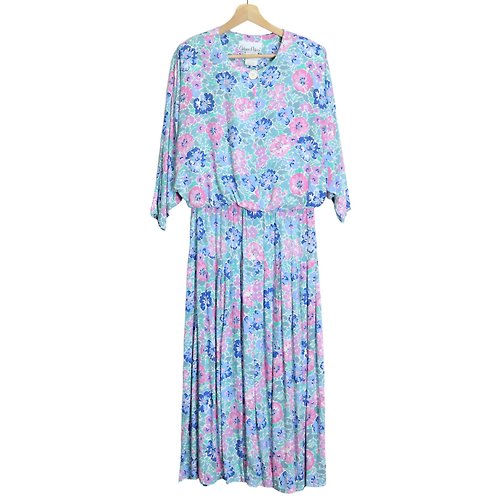 富士鳥古著屋 1980s 美國製 古董洋裝 嫘縈水藍色碎花洋裝 百摺洋裝 古著洋裝