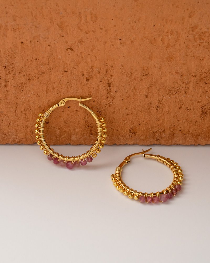 Large Rumaisa Earrings in Pink Tourmaline (18K GoldPlated Pink Tourmaline Hoops) - ต่างหู - สแตนเลส สึชมพู