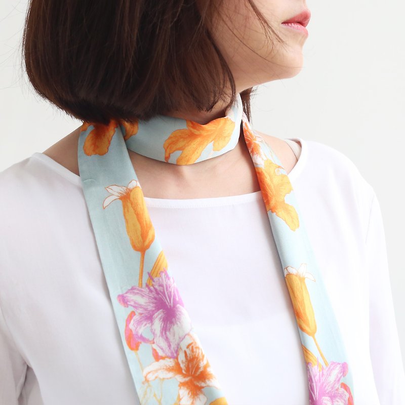 Lily mint blue / plant beauty series two / artist original / scarf / 髪 band / cap with - Scarves - Silk 