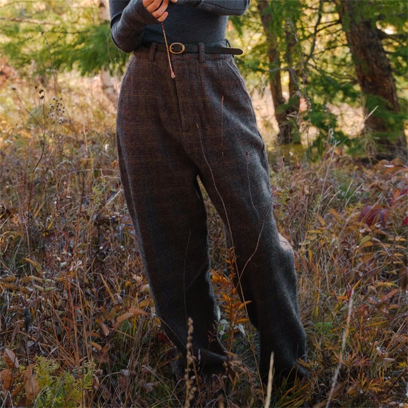 Bird Feather Plaid Wool Casual Pants Unisex Autumn and Winter Pants - กางเกงขายาว - ขนแกะ สีเทา