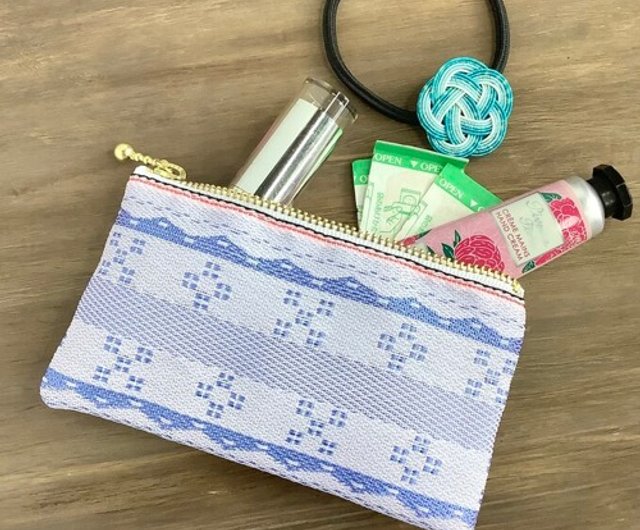 ミンサー柄】畳縁 テトラ型 ペンケース 水色 白 沖縄 ちゅらべり