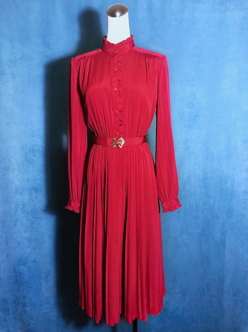Ruffled collar long-sleeved vintage dress / brought back to VINTAGE abroad - One Piece Dresses - Polyester Red
