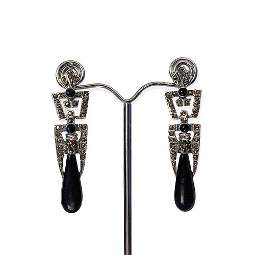 alisadesigns Art Deco Style Black Onyx with Marcasite Drop Earrings / Set 925 Sterling Silver