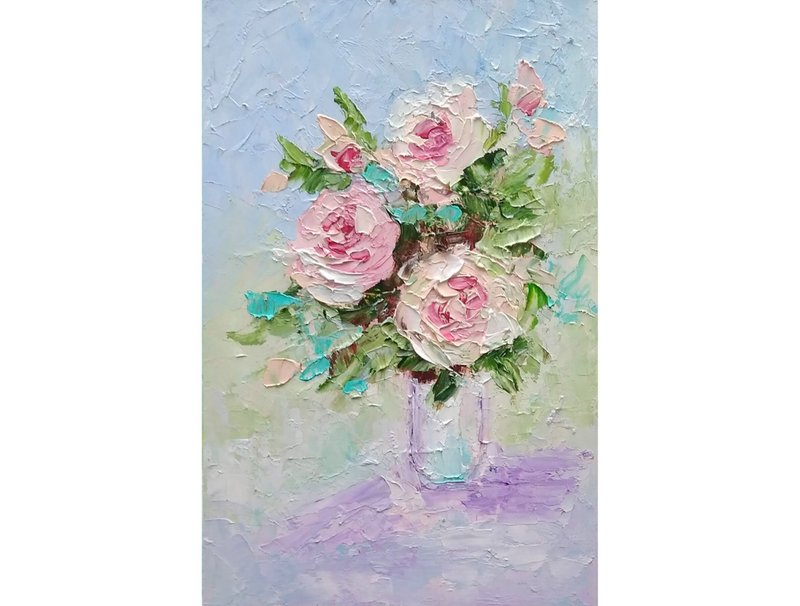 Roses Floral Bouquet Original Painting, Small Flower Artwork, Mini Oil Wall Art - 海報/掛畫/掛布 - 其他材質 多色