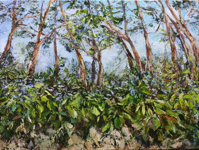 松樹下盛開的玉簪印象派夏日風景原畫 - 壁貼/牆壁裝飾 - 其他材質 藍色