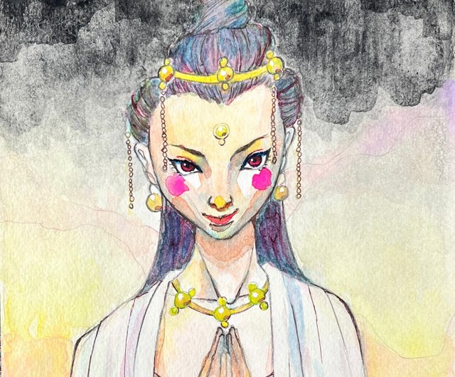 仏教アート スピリチュアルパワーみなぎる美しい女性の水彩アート FSM