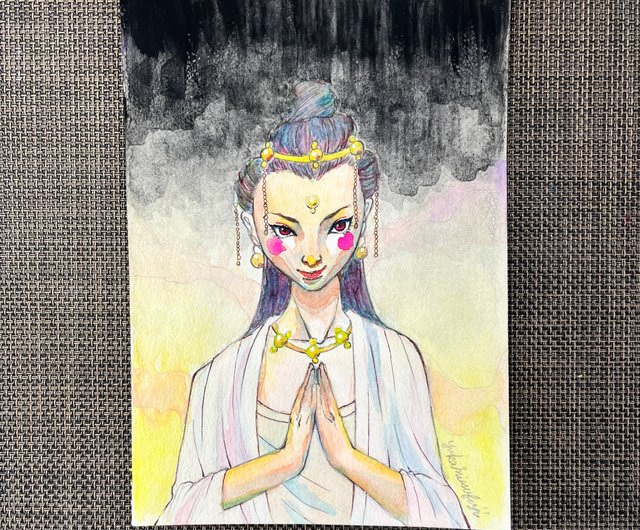 仏教アート スピリチュアルパワーみなぎる美しい女性の水彩アート FSM