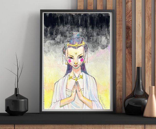 仏教アート スピリチュアルパワーみなぎる美しい女性の水彩アート FSM