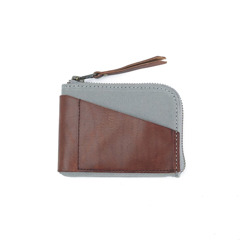 Men's and women's wallets short leather with canvas multi-purpose zipper coin purse everyday wallet gray - Coin Purses - Genuine Leather Silver