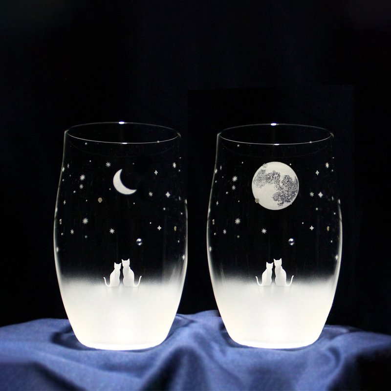 猫モチーフグラス 一緒にみる三日月 and 満月の夜空   Lサイズペアセット - 杯子 - 玻璃 透明