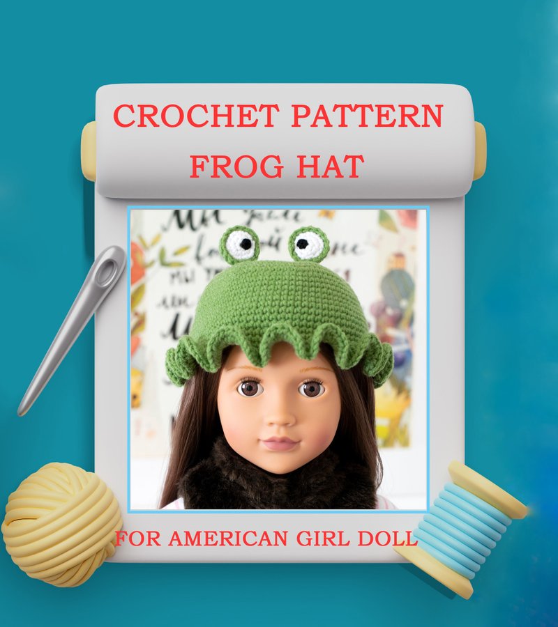 Crochet Pattern in English Frog hat for American girl doll, PDF tutorial DIY - 其他數位商品 - 其他材質 