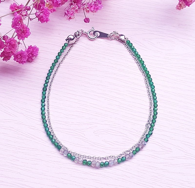 <May Birthstone-Emerald> Emerald Labradorite 925 Sterling Silver Double Bracelet - Bracelets - Sterling Silver Green