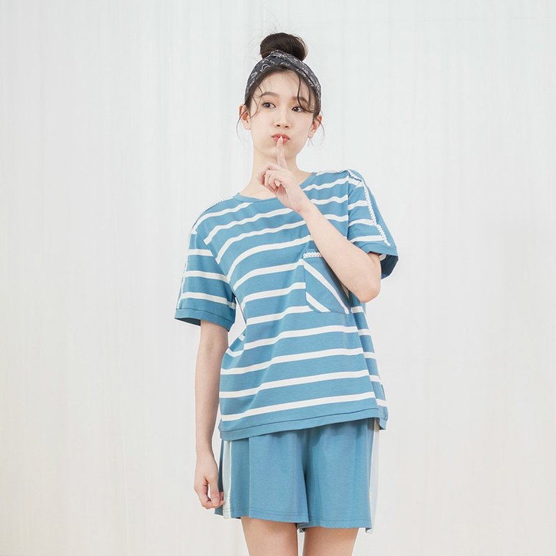 口袋拼接短袖居家服-UMORFIL膠原蛋白-海浪深藍 - 睡衣/居家服 - 棉．麻 藍色