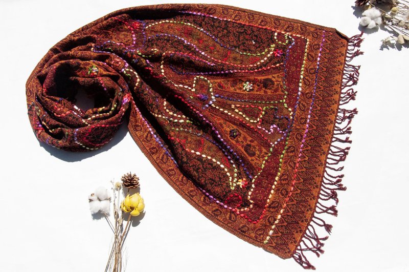 喀什米爾Cashmere/水煮羊毛披肩/針織圍巾/刺繡圍巾/羊絨披巾-花 - 圍巾/披肩 - 羊毛 多色