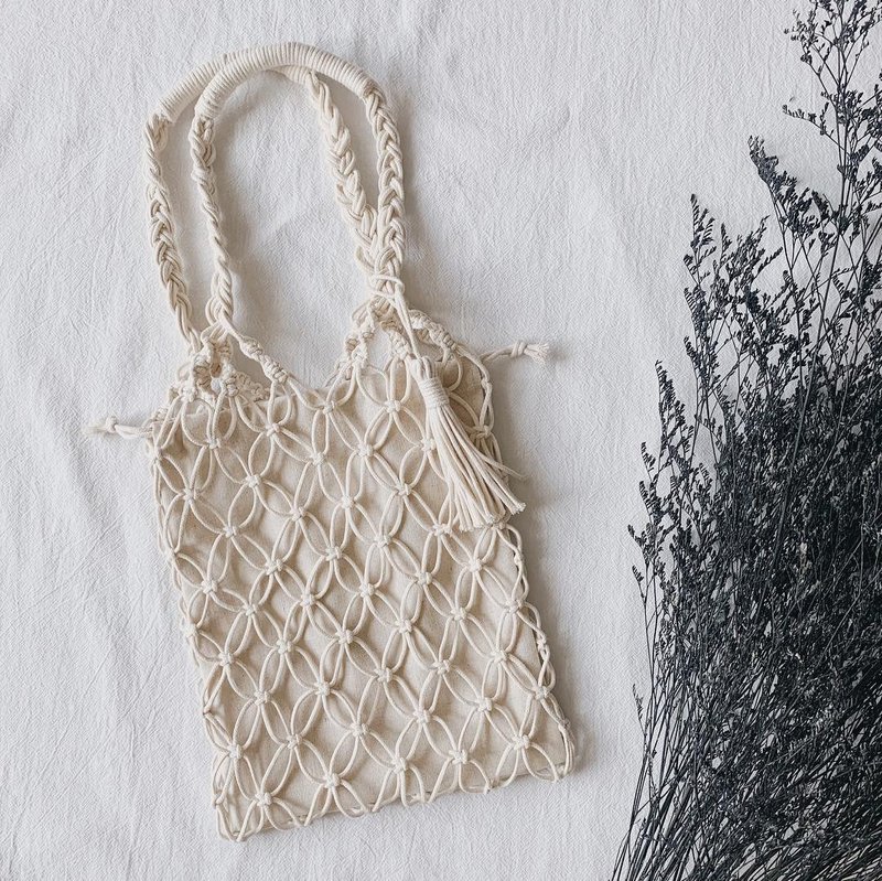 棉繩手工編織提袋 托特包 | Macrame tote bag - 手提包/手提袋 - 棉．麻 白色