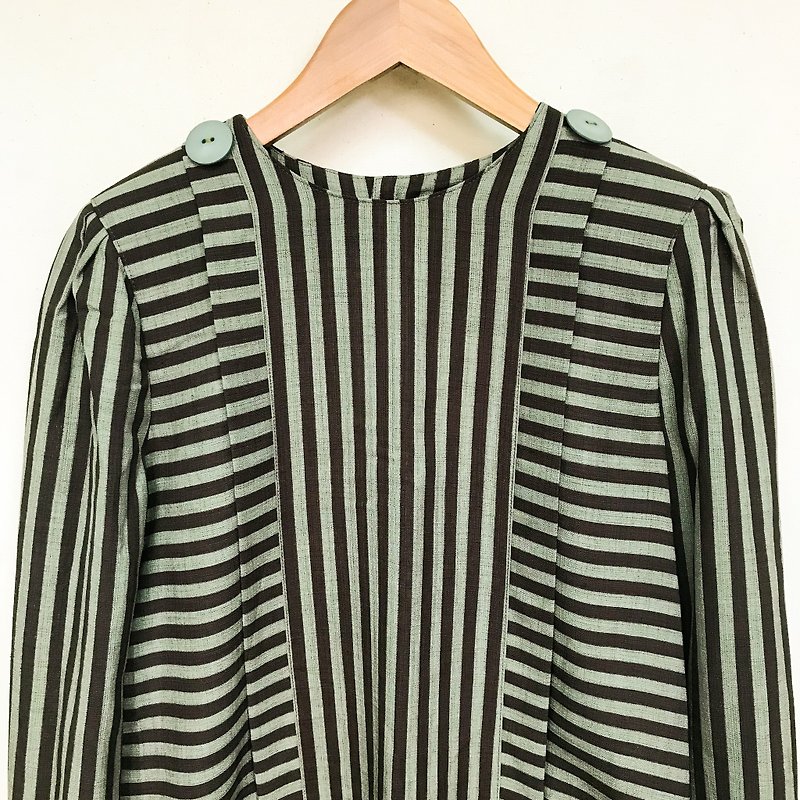 Vintage dress/グリーン×ブラウン ストレートストライプ ダブルポケット ロングスリーブドレス - ワンピース - ポリエステル グリーン