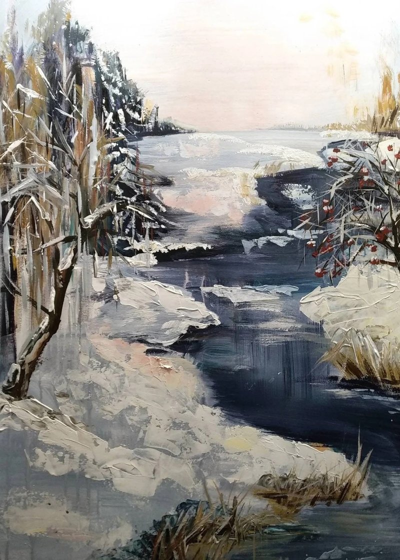 Frosty day at the stream Winter landscape Original painting Snowy Water Scenery - Wall Décor - Other Materials Blue