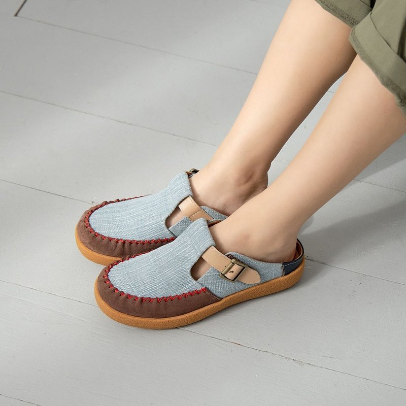 Retro turntable Wenqing slip-on shoes - spray - รองเท้าลำลองผู้หญิง - หนังแท้ สีน้ำเงิน