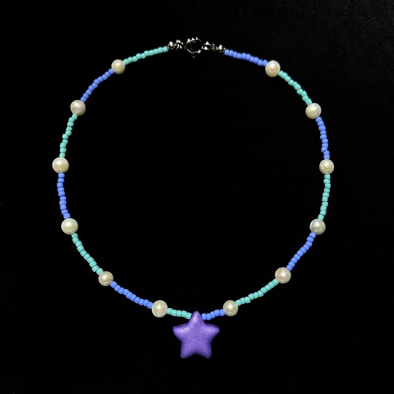 Smoky Clay Beaded Necklace Purple Star Necklace Small - Necklaces - Pottery Purple