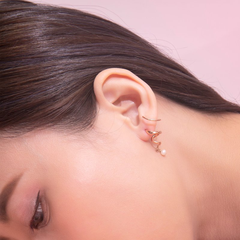 [Preferred Gift] Fern Strap Natural Pearl Rose Gold Earrings (sold as a single piece) - Earrings & Clip-ons - Sterling Silver Pink