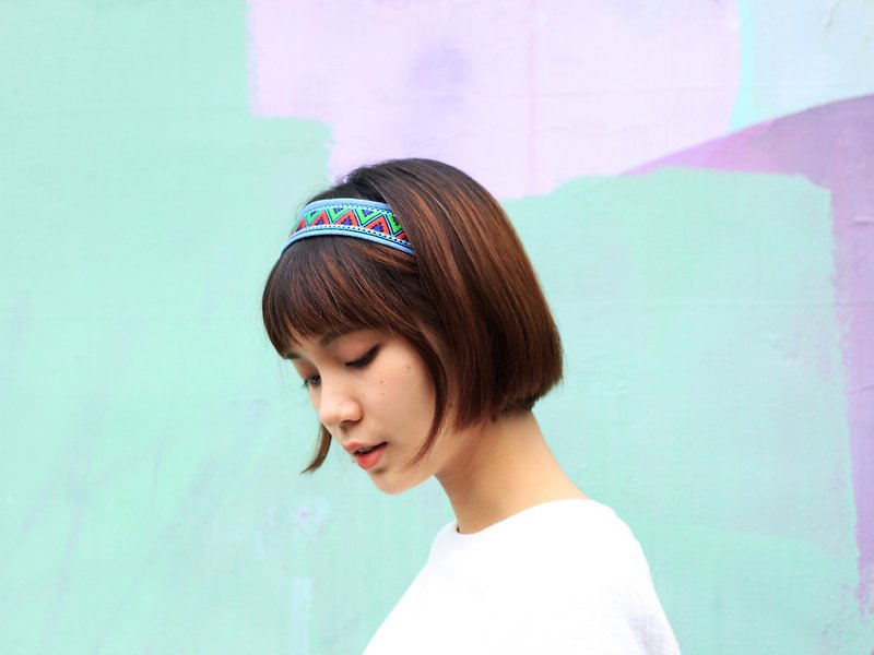 【The MAMA's Closet】Rubik's Cube(Fluorescent) / Denim with Ribbon Headband - Hair Accessories - Cotton & Hemp Multicolor