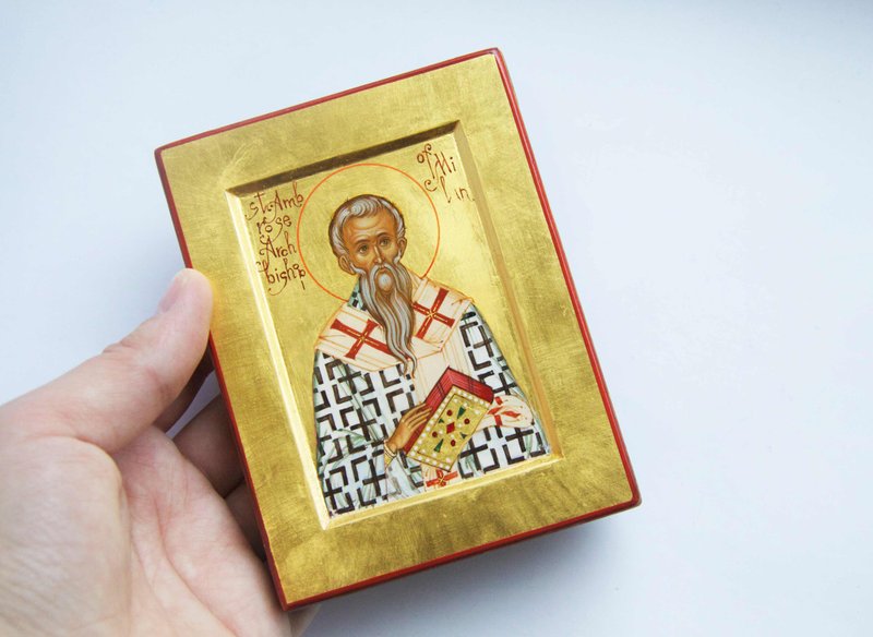hand painted orthodox wood icon Saint holy Ambrose of Milan - 其他 - 木頭 金色