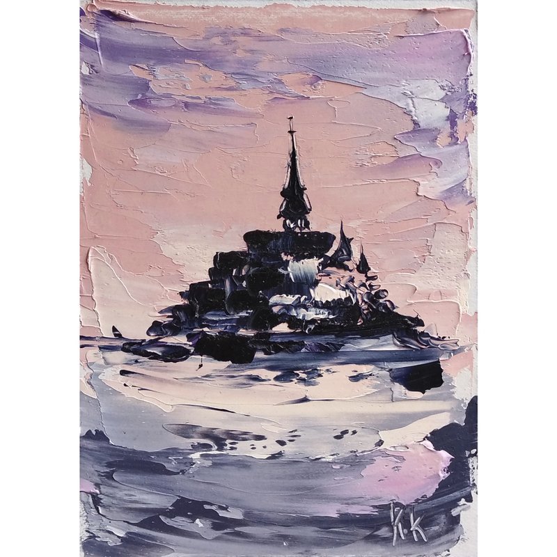 Castle Painting Europe Original Art France Oil Small Painting Mont Saint Mishel - 海報/掛畫/掛布 - 其他金屬 紫色