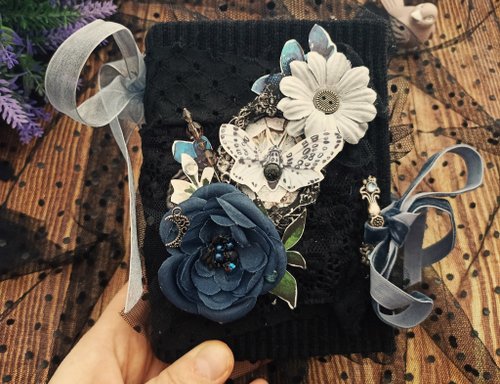 junkjournals Gothic witch grimoire junk journal handmade Dark Lace flower moth notebook