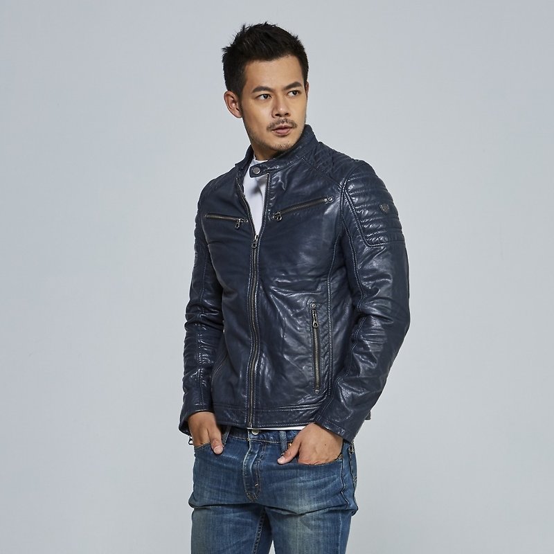 [Germany GIPSY] GMChesto stylish stand collar simple leather jacket | navy blue - เสื้อโค้ทผู้ชาย - หนังแท้ สีเขียว