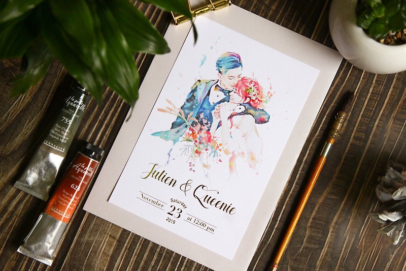 客製婚禮喜帖設計 【含印刷信封貼紙】 | 啾吉水彩人像畫結婚禮物