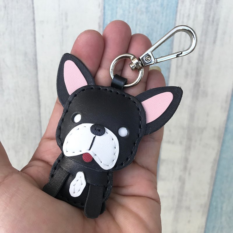 Healing small objects, handmade leather, black/white, cute, hand-stitched keychain, small size - Keychains - Genuine Leather Black