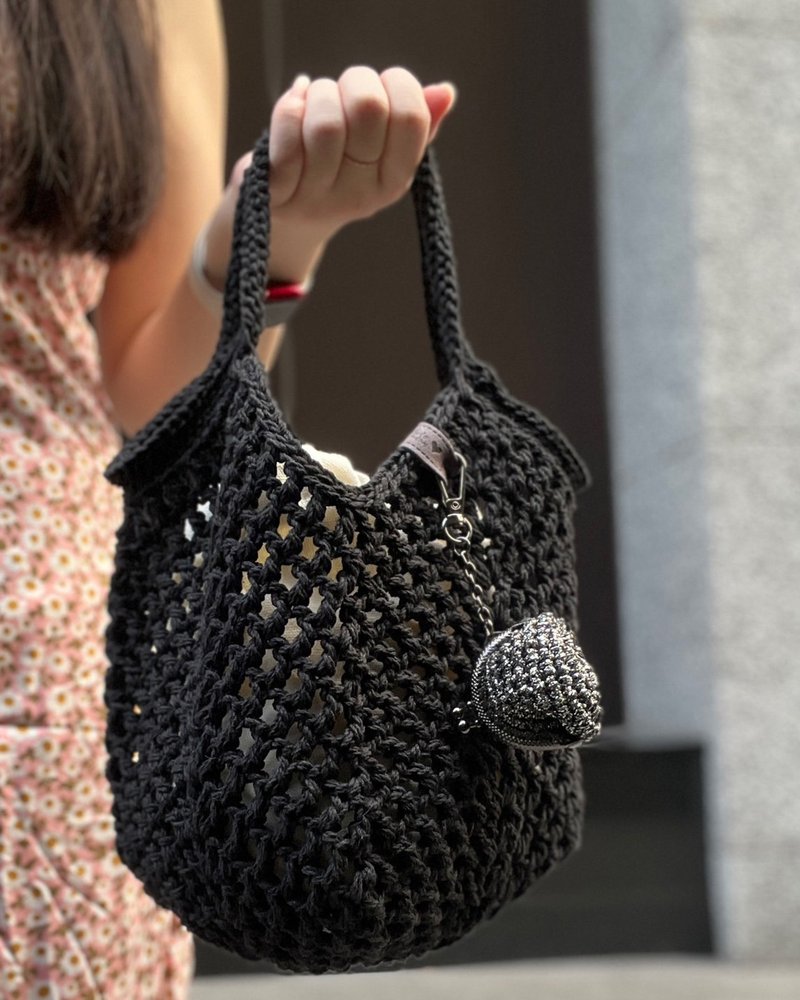 Grid hollow fat woven bag-pure black handbag/shoulder bag/two-part bag/hand-woven bag - Handbags & Totes - Cotton & Hemp 