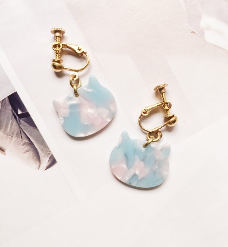 La Don - Stone Cat - Pink Blue Ear/Ear clip - Earrings & Clip-ons - Resin Blue