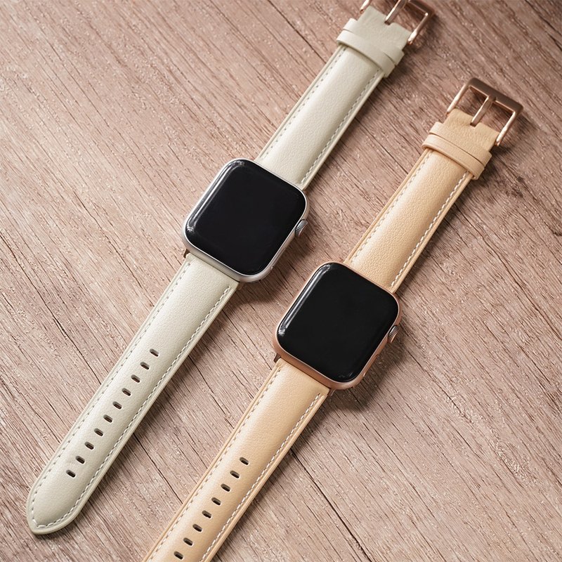 Apple watch - 【輕柔感色系】同色車線真皮蘋果錶帶 - 錶帶 - 真皮 卡其色