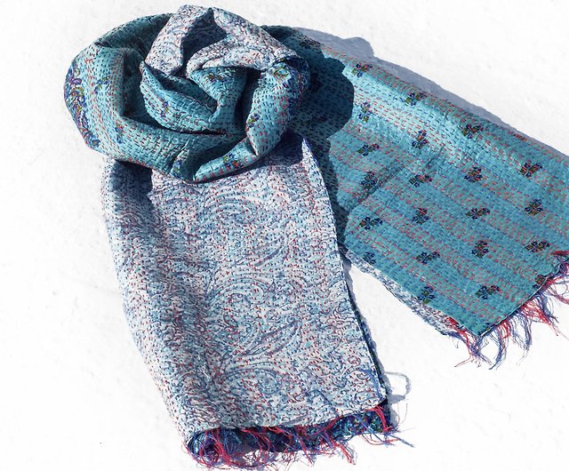 手縫いサリー生地スカーフ/シルク刺繍スカーフ/インドシルク刺繍