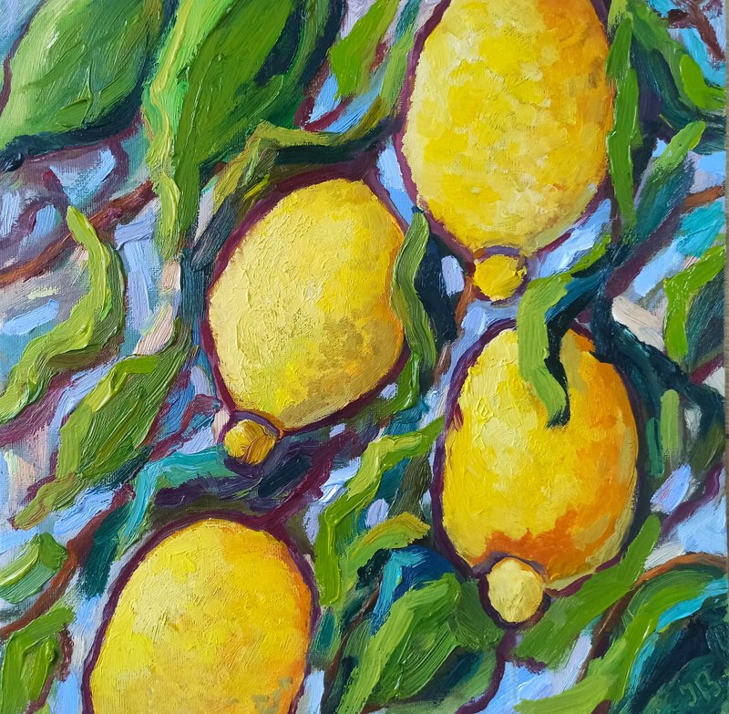 Lemon Oil Painting Fruit Original Art on Canvas board 30x30cm Citrus Wall Art - 海報/掛畫/掛布 - 其他材質 