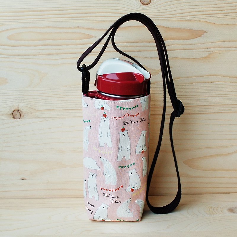 Apple Polar Bear_Pink Oblique Back Adjustable Water Bottle Bag - Beverage Holders & Bags - Cotton & Hemp Pink