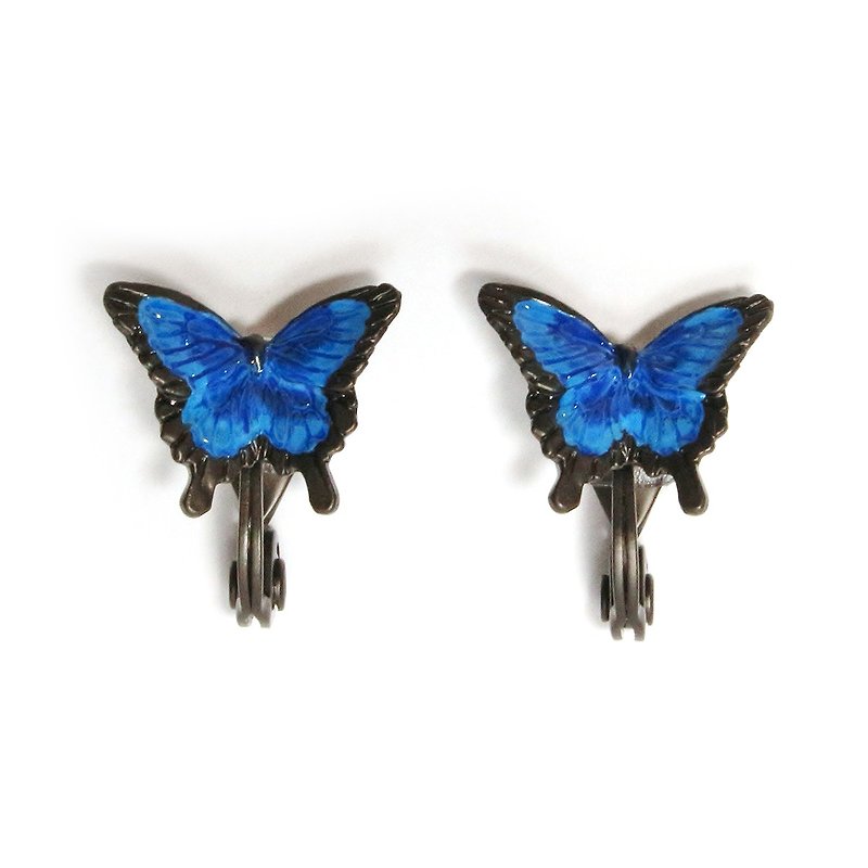 Swallowtail Earring Papilio Ulysses Clip-On EA088 - ต่างหู - โลหะ สีน้ำเงิน