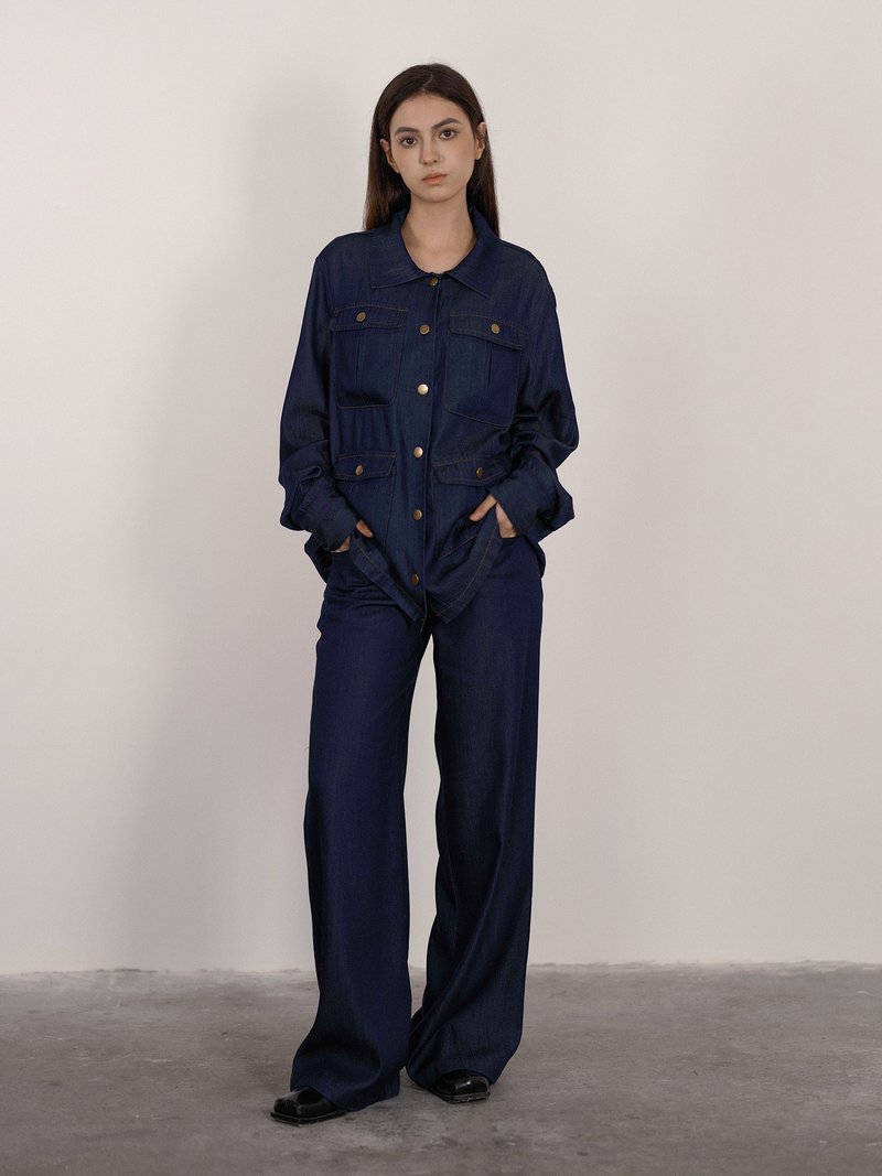 法式復古 / 薄牛仔襯衫套裝 / 萊賽爾桑蠶絲混紡 - 女襯衫 - 其他材質 藍色