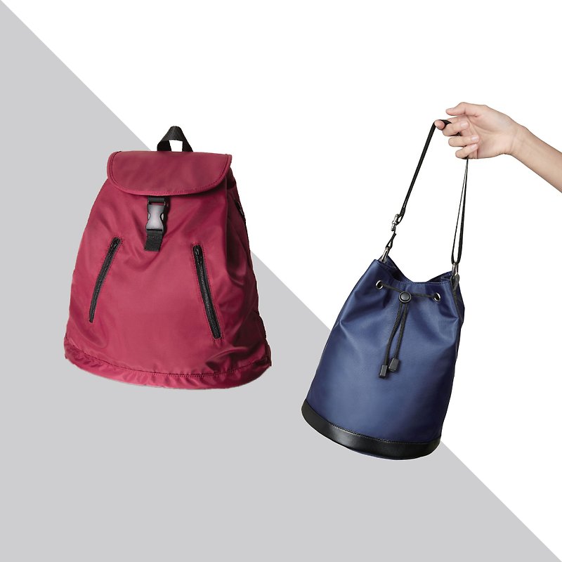 Goody Bag - 紫紅色後背包+藍色水桶包(兩入) - 背囊/背包 - 防水材質 紅色