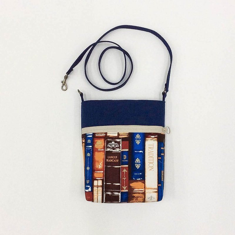Side backpack-dark blue scholarly print - กระเป๋าแมสเซนเจอร์ - ผ้าฝ้าย/ผ้าลินิน สีน้ำเงิน