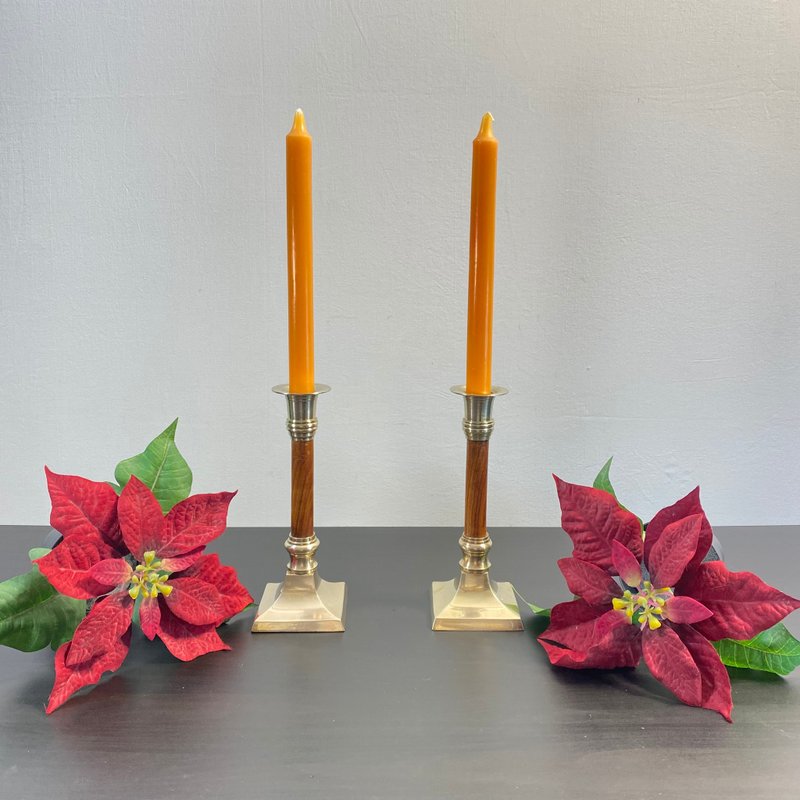 Candlestick Holder, Brass and Wood, Taper Candle Holder with Candles, Set of 2 - Other - Other Materials 