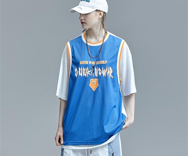 Mesh fake two-piece sports basketball shirt college short-sleeved
