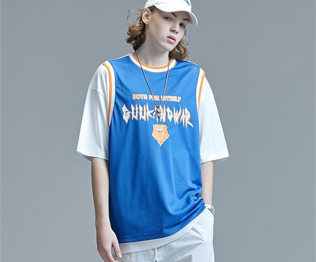 Mesh fake two-piece sports basketball shirt college short-sleeved