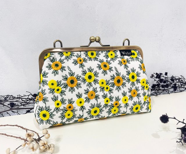 立体刺繍 黄色 花口 ゴールド バッグ クラッチ サイドバッグ