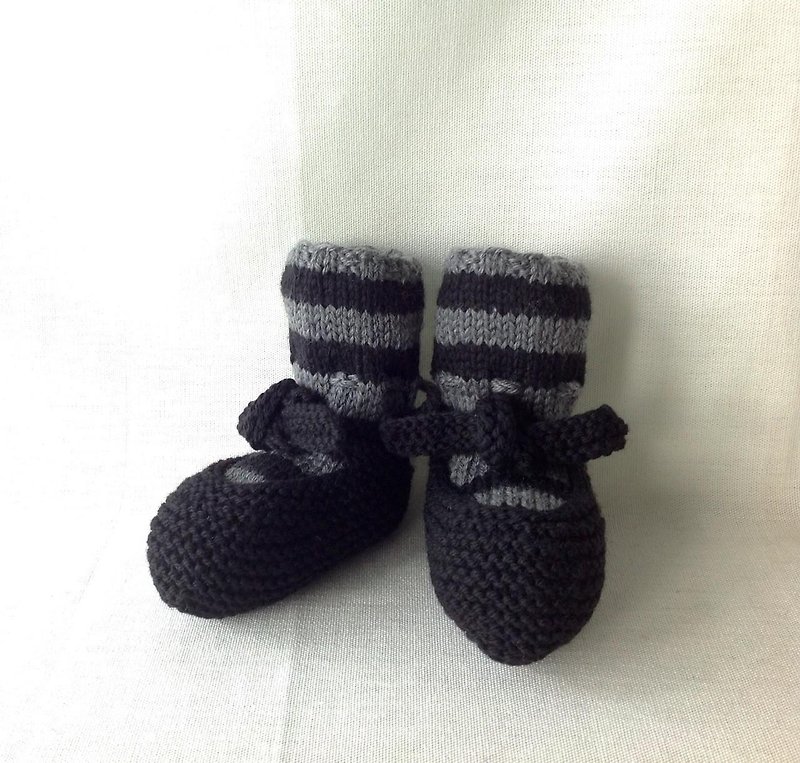 Border baby bootie set Black shrink-proof wool 6M [Made to order] - Kids' Shoes - Wool 