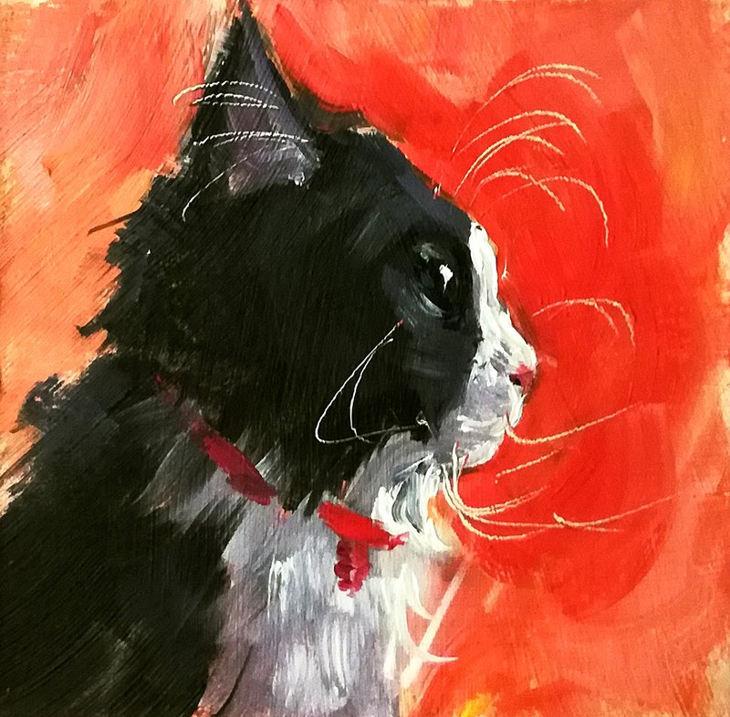 Black White Cat Oil Painting Original Animal Pet Portrait Made to Order - 海報/掛畫/掛布 - 其他材質 多色